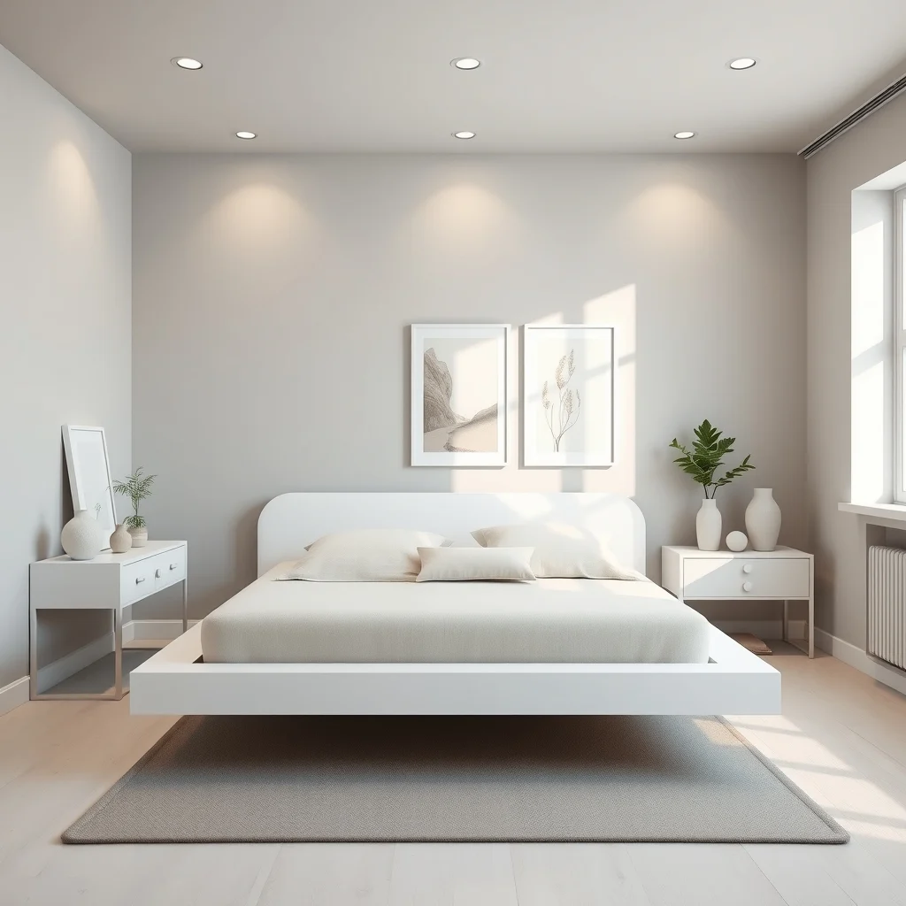 Elegant floating bed scene sleek white platform frame lifts a light linen mattress creating airy space beneath pale gray walls a floating nightstand and recessed ceiling LEDs casting soft glow