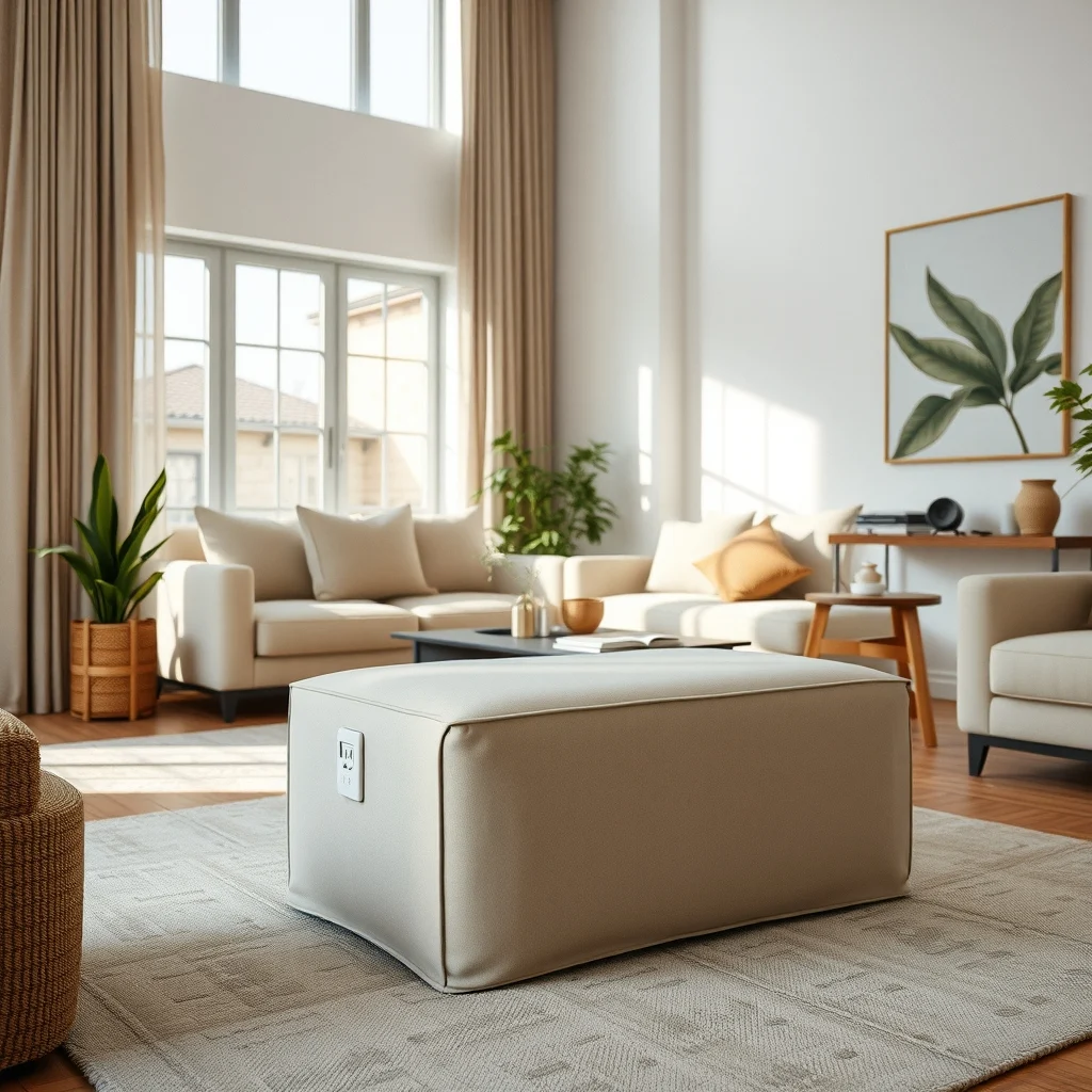 Elegant living area linen covered ottoman in muted taupe side seam opened to expose a compact outlet box soft diffused daylight from floor to ceiling windows surrounding rug