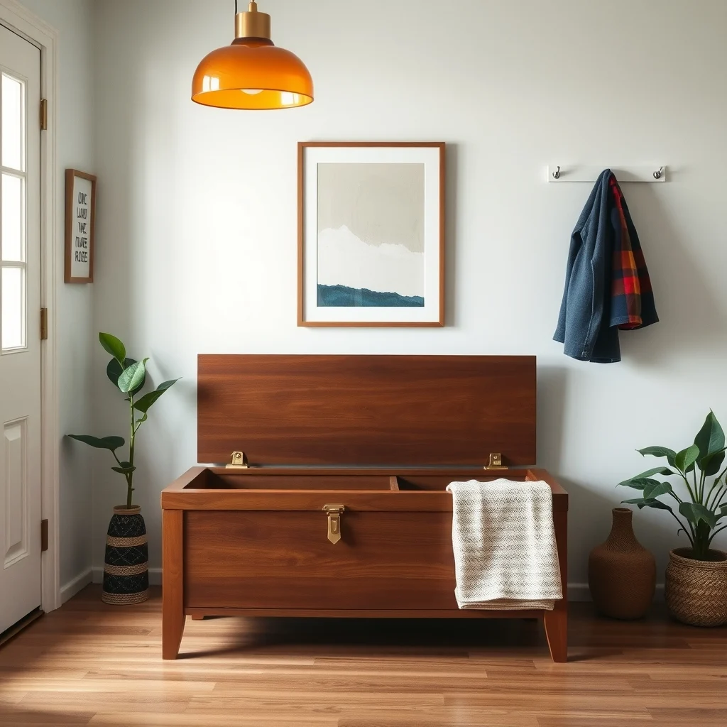 Entryway scene with solid oak bench painted walnut lift top open revealing hidden compartment brushed brass latch soft amber pendant light casting warm glow minimalist coat rack abstract typography art on wall behind