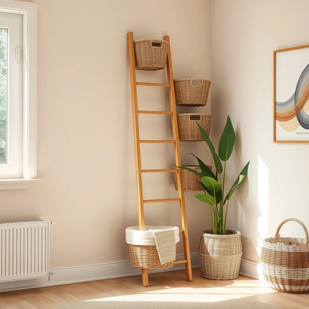 FAQ illustration freestanding decorative ladder with woven baskets rustic pine neutral beige walls soft natural light from nearby window basket