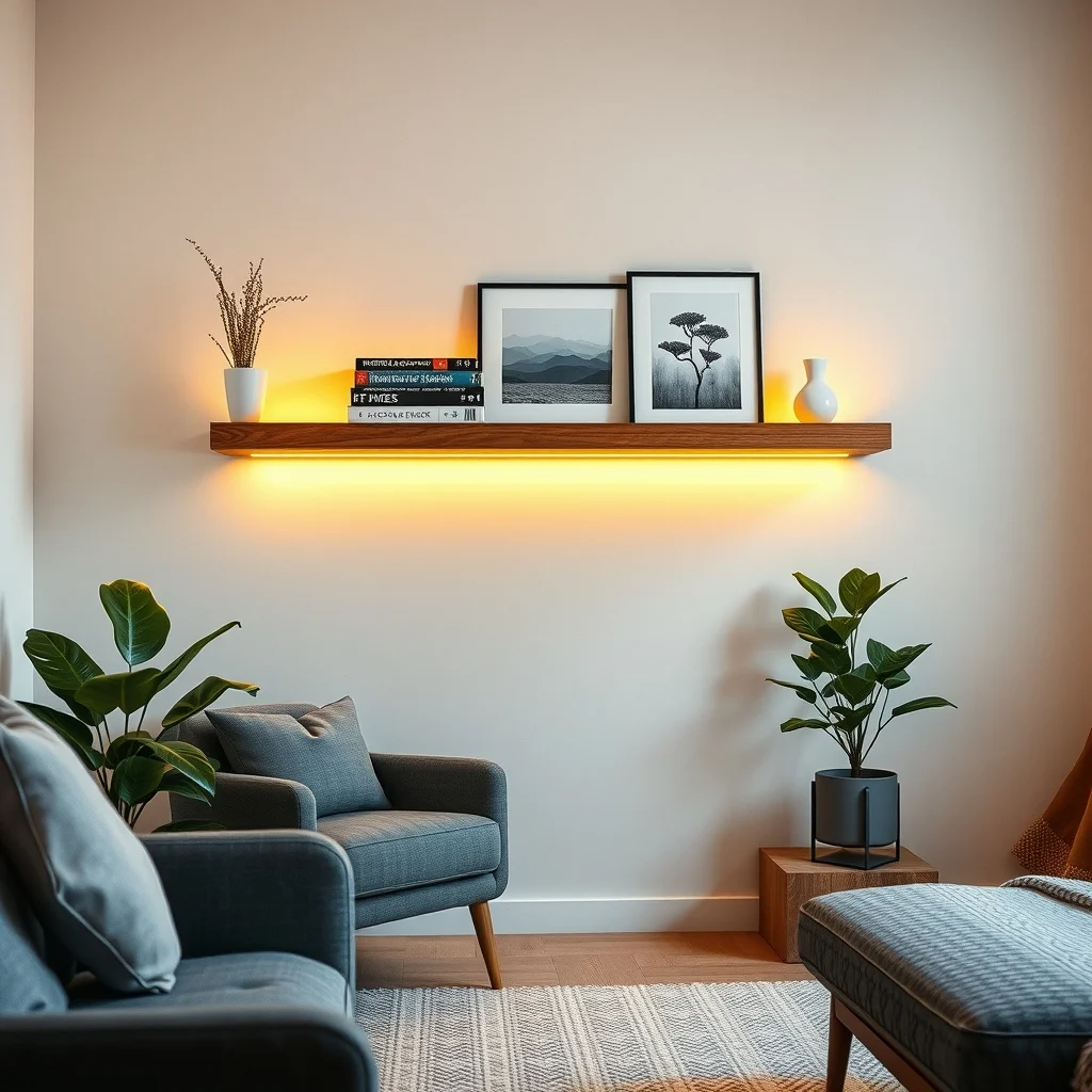 FAQ styled vignette showing sleek LED strip lights tucked under a floating wooden shelf warm amber glow outlining books minimalistic background close up on subtle backlighting