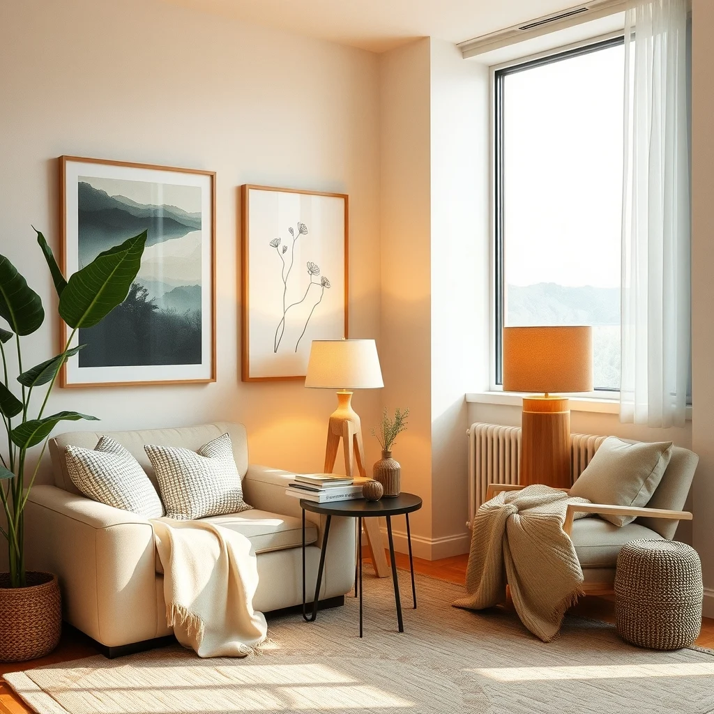 Final thoughts composition a cozy rental corner with layered lamps floor table accent bathed in warm amber soft neutral walls abstract landscape art wide view conveying retreat