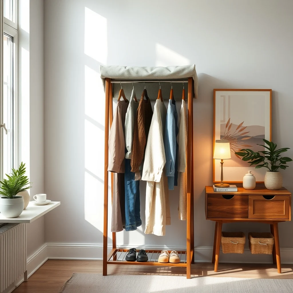 Freestanding garment rack with a soft sage gray canvas canopy slender walnut support hanging coats corner lamp casts a warm glow creating a portable boutique style closet nook