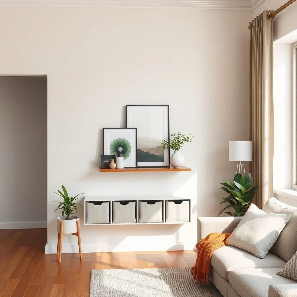 Hidden Storage Ideas for a Living Room With Limited Wall Space interior: 3. Floating Shelves With Concealed Bins - Even a narrow strip of wall can host a floating shelf that doubles as a display and a storage platform. By pairing the shelf with slim fabric bins that slide behind decorative objects, you create