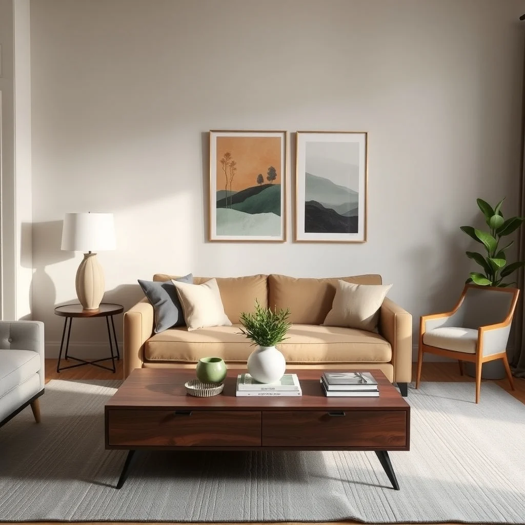 Hidden Storage Ideas for a Living Room With Limited Wall Space interior: 4. Coffee Table With Lift‑Top Storage - A coffee table that lifts to reveal an internal compartment offers a central hub for both everyday objects and occasional extras. The top can be raised to store board games, a stack of DVDs, or
