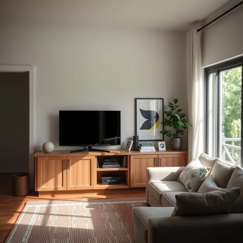 Hidden Storage Ideas for a Living Room With Limited Wall Space interior: 5. Corner‑Built Media Console With Hidden Cabinets - Corners are often underutilized, yet a low media console that fits snugly into a corner can conceal a surprising amount of storage. Cabinets that open outward or slide on concealed tracks hide remote controls, gaming