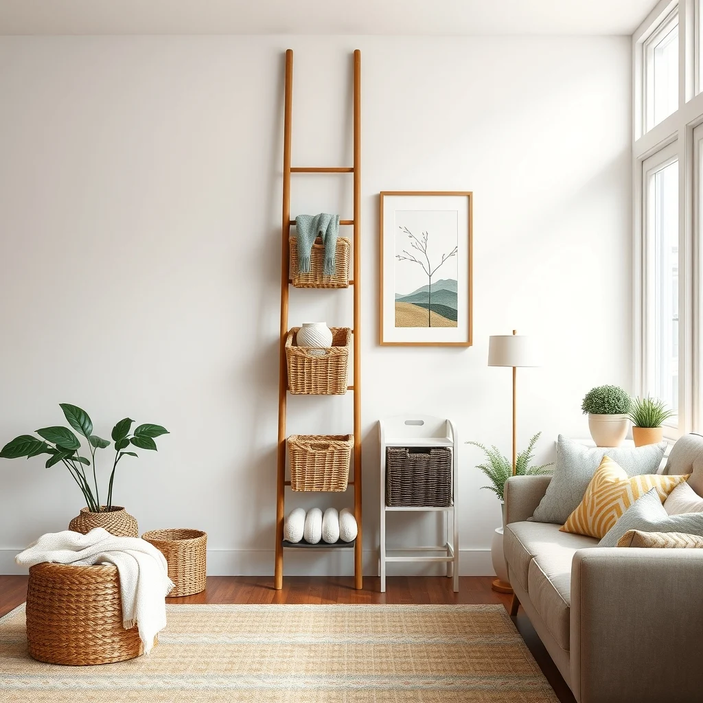 Hidden Storage Ideas for a Living Room With Limited Wall Space interior: 6. Decorative Ladder With Baskets - A slim wooden ladder leaning against a wall adds a decorative element while providing multiple horizontal shelves for baskets. Each rung can support a woven basket that stores blankets, magazines, or toys, keeping them organized