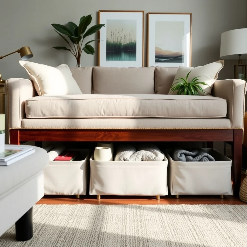 Hidden Storage Ideas for a Living Room With Limited Wall Space interior: 7. Under‑Sofa Storage Bins With Slipcovers - Space beneath a sofa is often overlooked, but slim, low‑profile bins that slide under the frame can hold items like extra cushions, seasonal décor, or a rolled‑up blanket. To keep the bins discreet, select ones