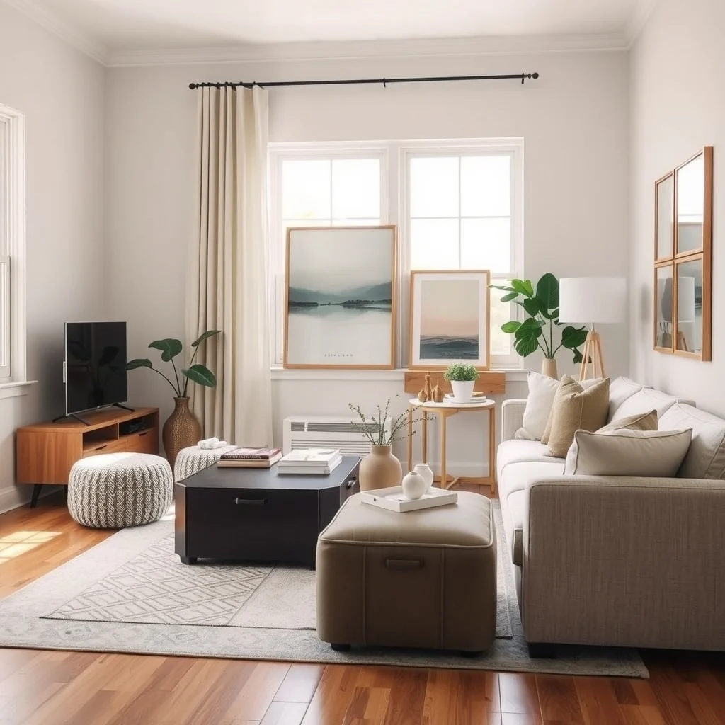 Hidden Storage Ideas for a Living Room With Limited Wall Space interior: FAQ - How can I add storage without making the room feel smaller? Choose pieces that sit low to the floor or blend into existing furniture, such as ottomans or under‑sofa bins, which keep the eye level