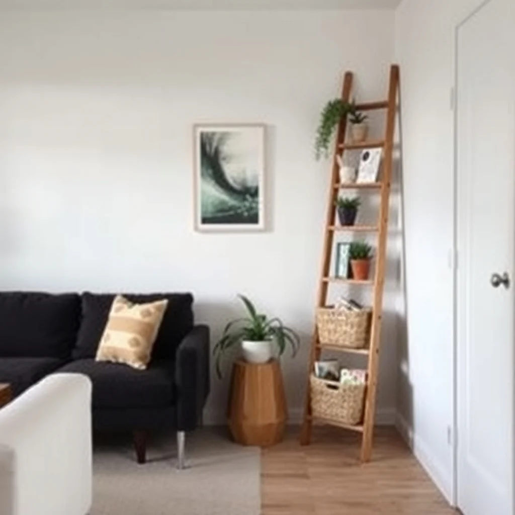 Hidden Storage Ideas for a Living Room With No Built-In Cabinets interior: 5. Decorative Ladder or Leaning Rack - A wooden ladder leaned against a wall can act as a stylish storage unit when the rungs are fitted with shallow baskets or fabric bins. The ladder’s vertical orientation draws the eye upward, making the