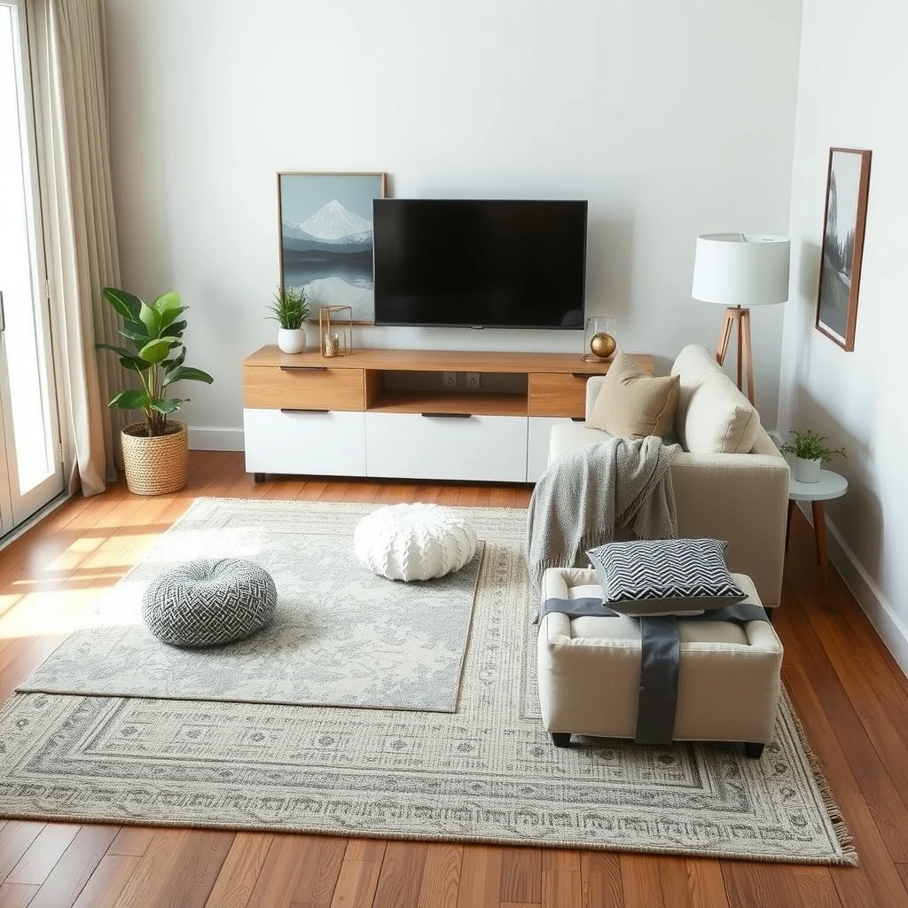 Hidden Storage Ideas for a Living Room With No Built-In Cabinets interior: 6. Multi‑Layered Area Rug with Storage Pockets - Layering an area rug over a low‑profile storage platform creates a soft surface that also hides clutter. Some modern rugs are designed with built‑in zippered pockets along the underside, allowing you to slide in remote