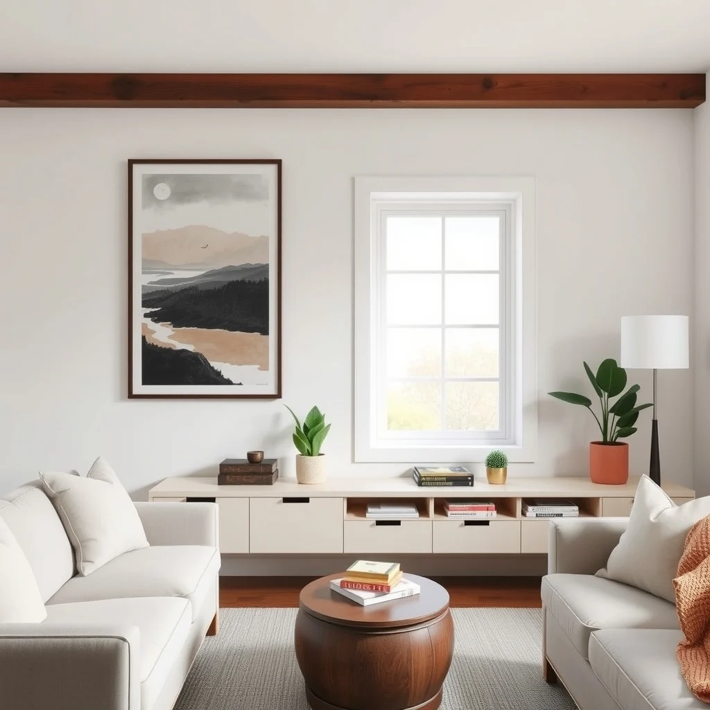Hidden Storage Ideas for a Living Room With No Built-In Cabinets interior: 7. Wall‑Mounted Media Console with Concealed Drawers - A low media console that mounts directly to the wall can replace a bulky TV stand while offering hidden drawers for DVDs, gaming controllers, or a handful of books. By anchoring the console to studs,