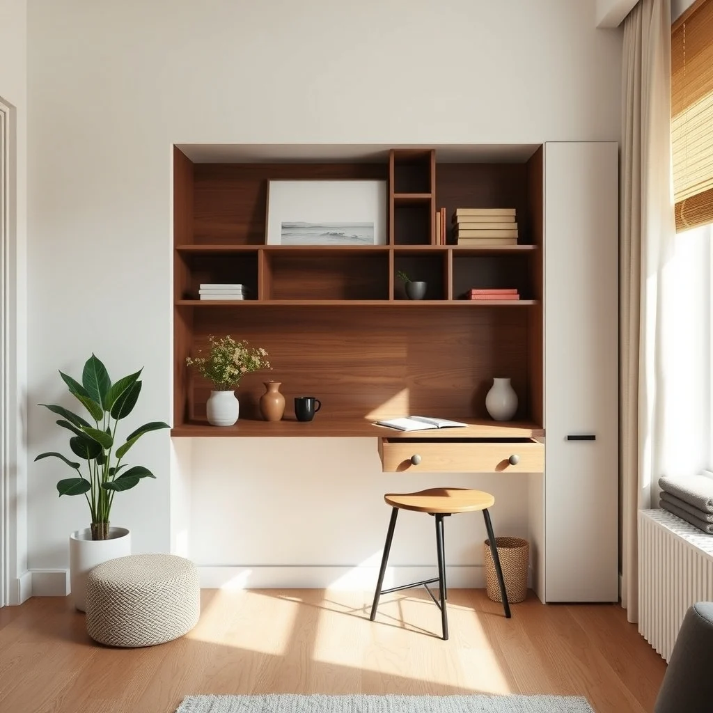 Hidden Storage Ideas for Small Apartments That Keep Rooms Looking Calm interior: 4. Wall‑mounted folding desk with a hidden drawer - In a studio or one‑bedroom layout, a desk that folds away when not in use frees valuable floor space. A wall‑mounted unit with a slim, walnut veneer top can be hinged to swing down, revealing