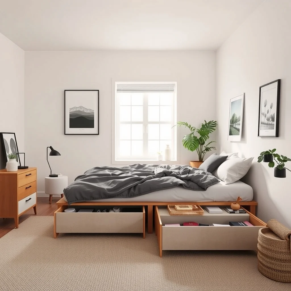 Hidden Storage Ideas for Small Apartments That Keep Rooms Looking Calm interior: 7. Under‑bed drawers with fabric fronts - Bedrooms often hide a surprising amount of clutter under the bed, but open space can look messy. Sliding drawers that sit beneath the bed frame and feature fabric fronts in a tone that matches the