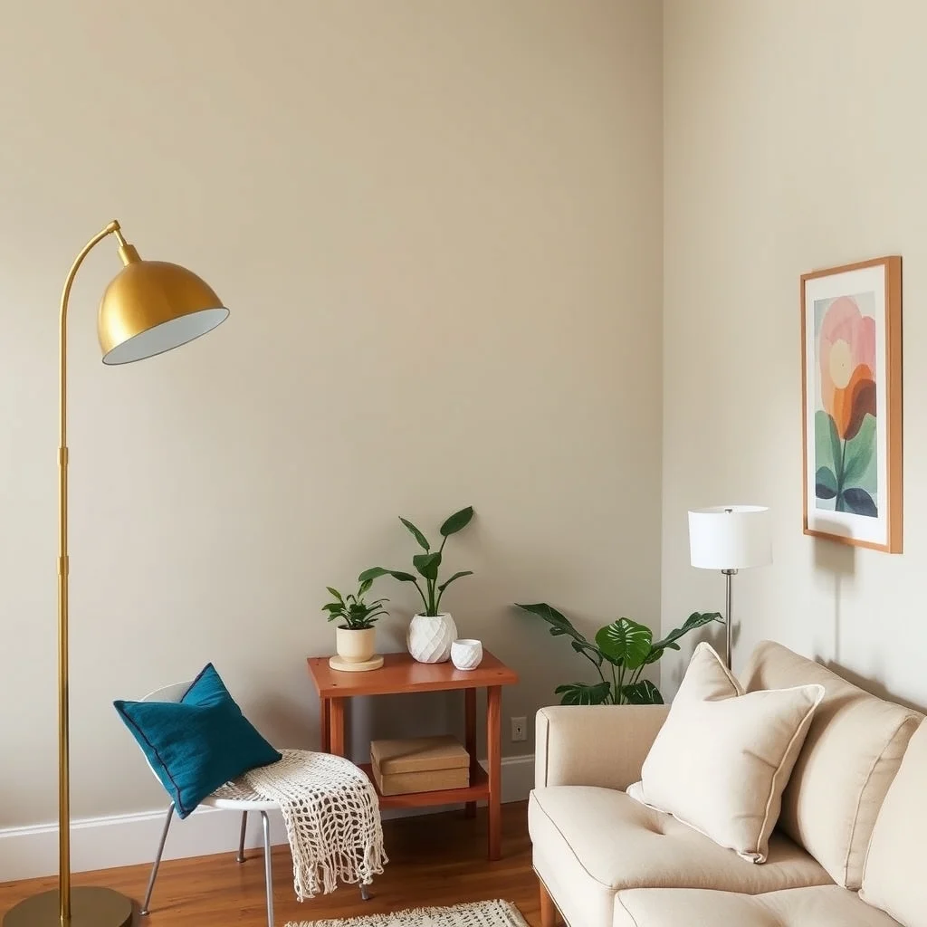 How to Add Personality to a Rental With Neutral Walls: 3. Introduce Statement Lighting Fixtures - Lighting does more than illuminate; it defines mood. A brass floor lamp with a curved shade can become a sculptural element that adds warmth to a corner. Pair it with a sleek table lamp featuring