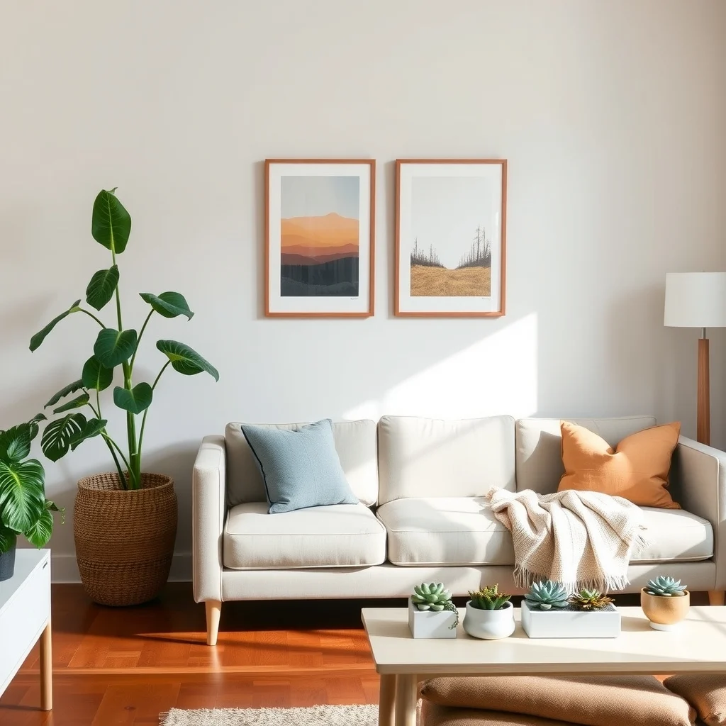 How to Add Personality to a Rental With Neutral Walls: 4. Add Greenery for Life and Color - Plants bring organic texture and a hint of color that can soften the starkness of neutral walls. A tall fiddle‑leaf fig in a woven basket adds height, while a row of small succulents on a