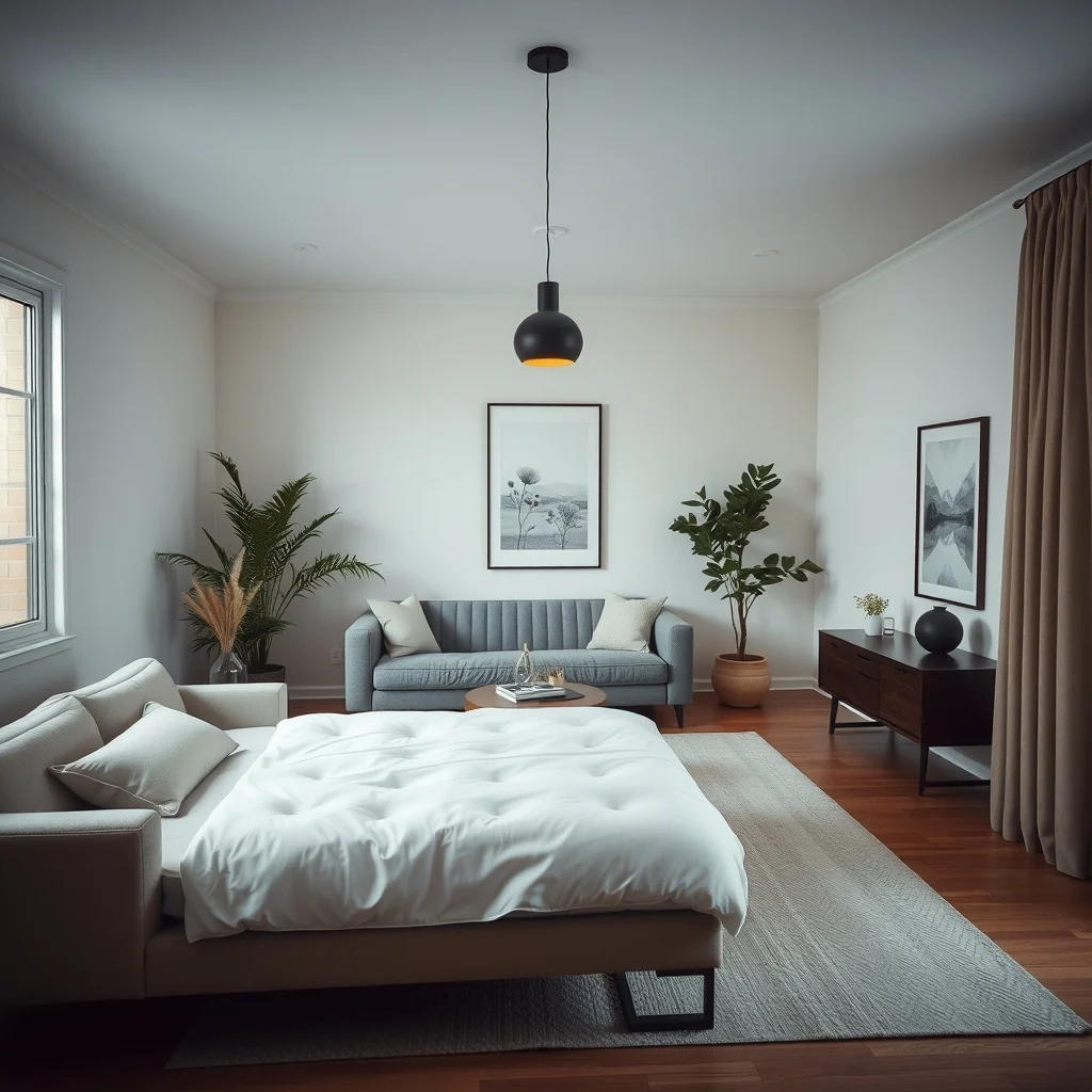 How to Arrange a Sofa and Bed in One Open Room interior: 6. Use lighting layers to delineate zones and set mood - Lighting is an understated tool for separating the living and sleeping areas while maintaining a cohesive ambiance. Overhead fixtures such as recessed lights or a central pendant can provide general illumination, but adding task lighting