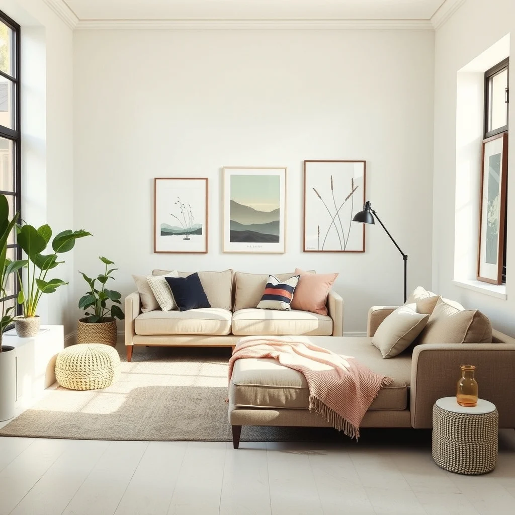 How to Arrange a Sofa and Bed in One Open Room interior: 7. Tie the two zones together with cohesive décor - Even though the sofa and bed serve different purposes, a unified colour palette and material language can make the room feel intentional. Choose a base hue—perhaps a muted greige or a soft sage—and repeat it