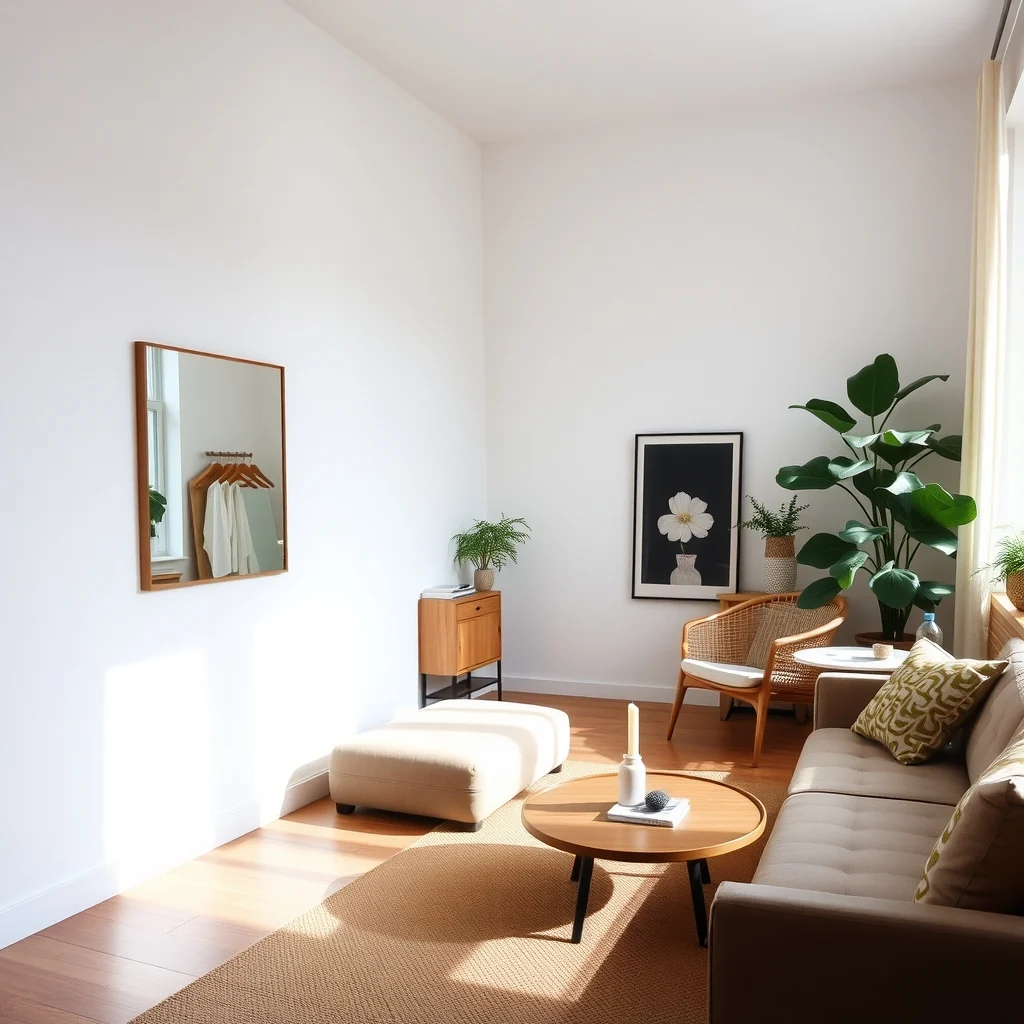 How to Arrange a Studio Apartment With an Unusually Long Floor Plan interior: 4. Hang Mirrors to Expand Light and Perception - Strategically placed mirrors can double the sense of width in a long studio. A large, rectangular mirror mounted on the wall opposite a window reflects natural light across the entire length, reducing shadows that often