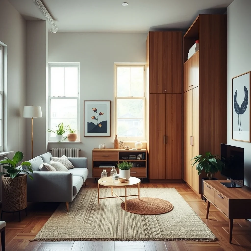 How to Arrange a Studio Apartment With an Unusually Long Floor Plan interior: 5. Choose Vertical Storage to Preserve Floor Real Estate - Tall, narrow storage units—think floor‑to‑ceiling cabinets or slim wardrobes—make use of the studio’s vertical dimension, freeing up the limited floor area for movement. Materials such as powder‑coated steel or lacquered oak provide durability and a