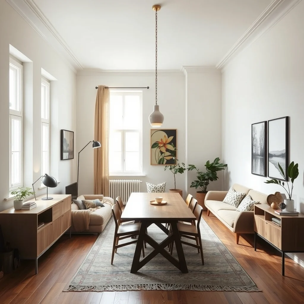 How to Arrange a Studio Apartment With an Unusually Long Floor Plan interior: 6. Layer Lighting to Create Depth and Comfort - Relying solely on overhead fixtures can flatten a long studio, making the ends feel disconnected. Introducing a combination of pendant lights over the dining table, a floor lamp beside the reading nook, and subtle LED