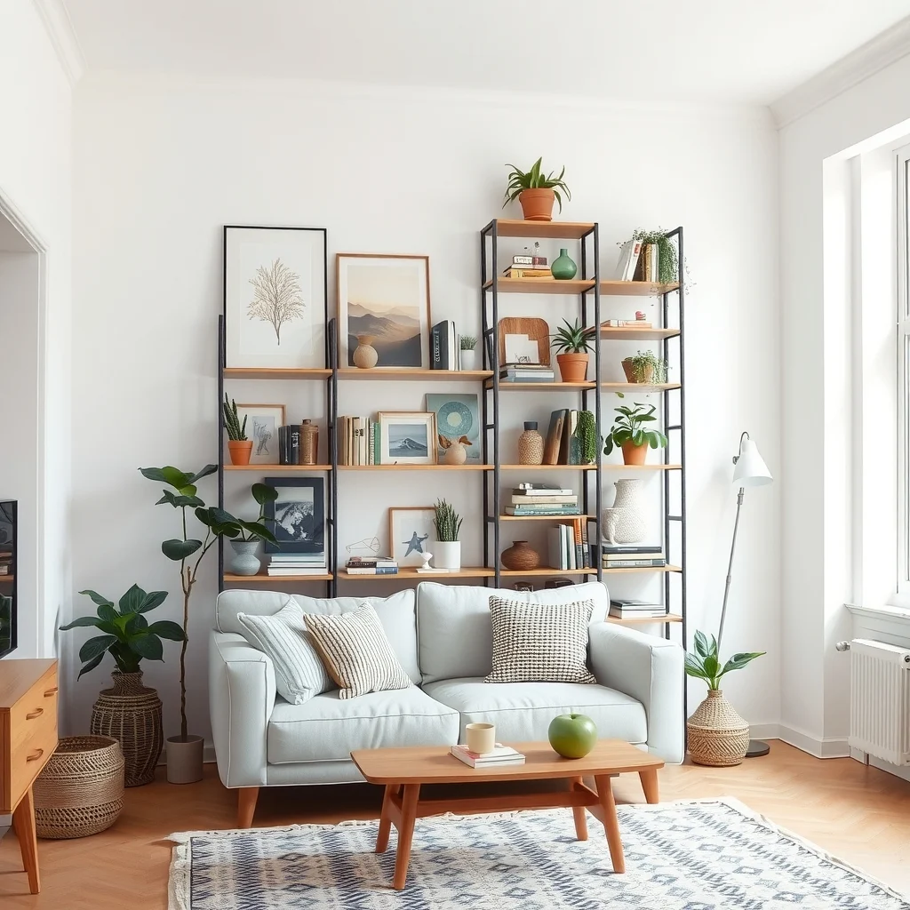 How to Create a Cozy Studio Apartment Without Filling Every Corner interior: 5. Use Vertical Space for Storage and Display - When floor space is at a premium, the walls become the next frontier. Tall, open shelving units draw the eye upward, creating an illusion of height while providing shelves for books, plants, and decorative objects.