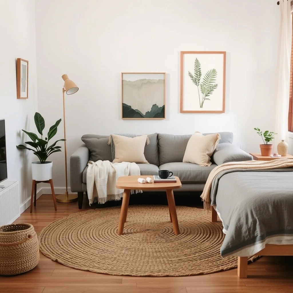 How to Create a Cozy Studio Apartment Without Filling Every Corner interior: 6. Introduce Texture Through Textiles and Natural Materials - Texture adds depth without requiring additional objects. A linen throw draped over the sofa invites touch, while a woven jute rug under the bed supplies a tactile contrast to smoother surfaces. Incorporating natural wood—perhaps a