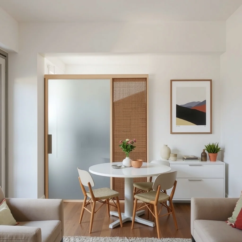 How to Create a Dining Area in a Studio Apartment With No Room interior: 4. Install a Sliding Panel to Define a Dining Zone - A lightweight sliding panel made of frosted glass or woven bamboo can visually separate a dining corner without adding permanent walls. When closed, the panel creates a sense of intimacy for meals; when opened, the