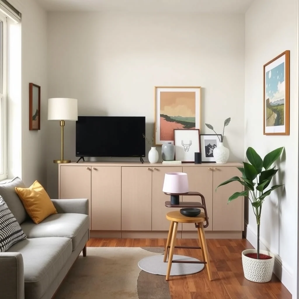 How to Create a Dining Area in a Studio Apartment With No Room interior: 6. Add a Tall, Narrow Buffet for Both Dining and Storage - A tall buffet that stands only 12–14 inches deep can act as a sideboard for dishes while also serving as a narrow dining surface when paired with a pair of stools. Choose a piece finished in