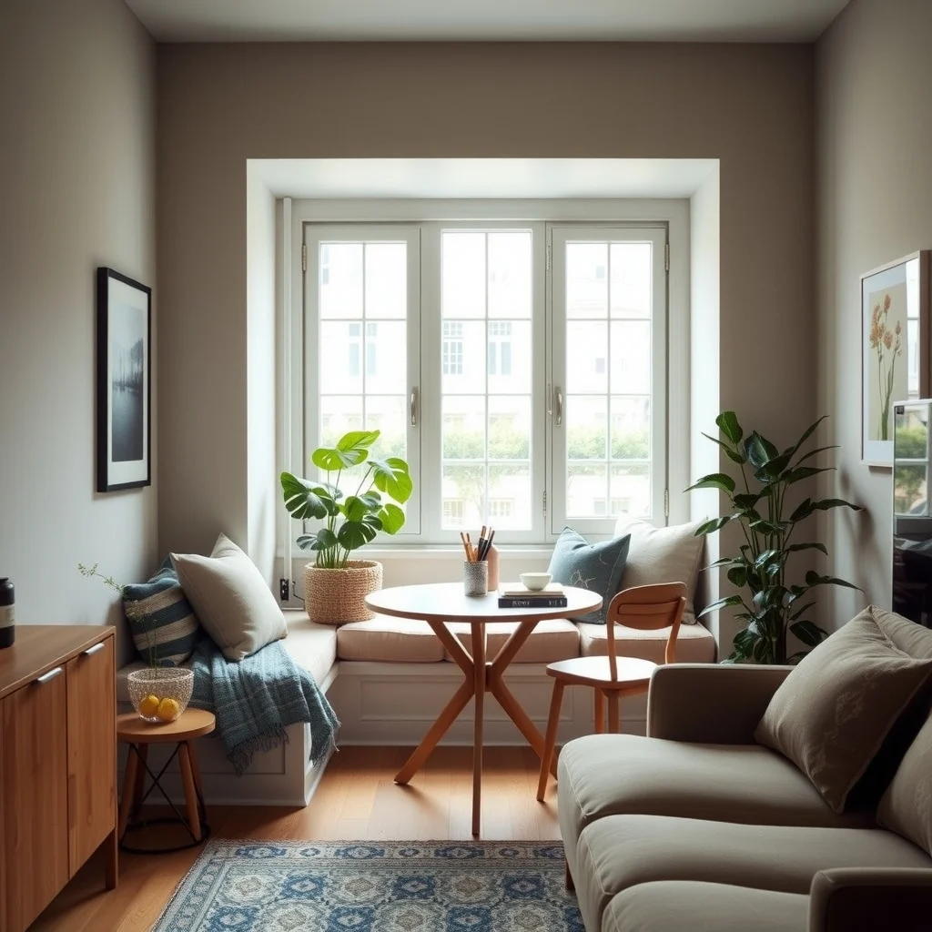 How to Create a Dining Area in a Studio Apartment With No Room interior: 7. Leverage a Window Seat with Built‑In Seating - If your studio has a large window, a custom-built window seat can double as a dining nook and a reading corner. Construct the seat with a plush cushion covered in a durable, stain‑resistant fabric such