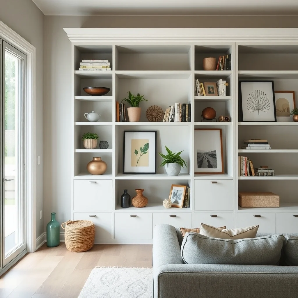 How to Create a Discreet Storage Area for Everyday Household Essentials interior: 6. Install a Recessed Nook Behind a Built‑In Bookshelf - In a living room or study, a built‑in bookshelf often occupies an entire wall. By leaving a shallow recess behind the lower row of shelves, you can fit a custom drawer unit that slides out