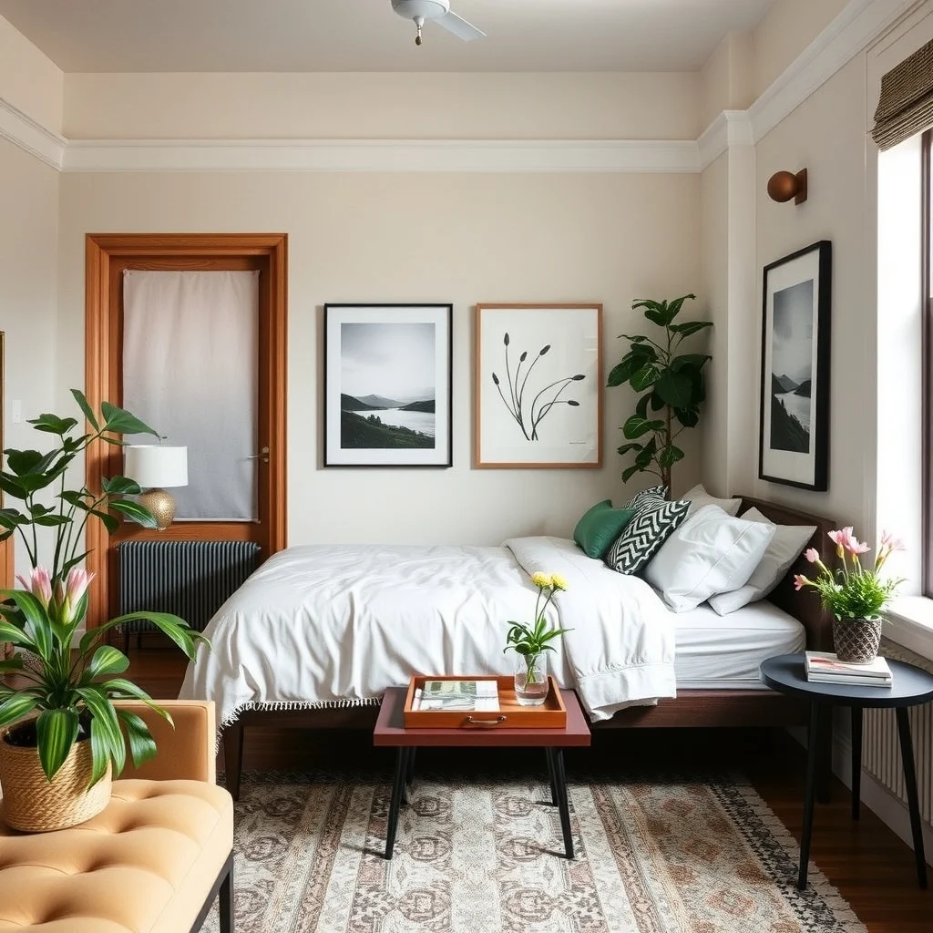 How to Create a Guest Sleeping Space in a Studio Apartment interior: 7. Finish with Personal Touches That Signal Welcome - Small details tell a guest they are considered. A small tray with a glass of water, a few fresh flowers, or a stack of magazines placed on the side table adds hospitality without clutter. A