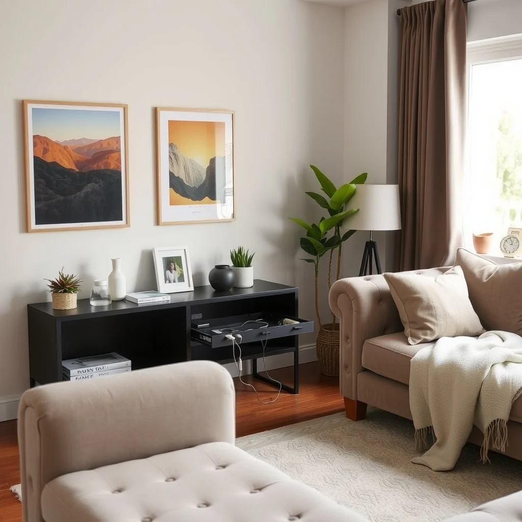 How to Create a Hidden Charging Station in a Small Apartment interior: 5. Fit a narrow console behind the sofa for a pull‑out charging drawer - A console that slides behind a sofa provides a discreet place to stash chargers. Opt for a piece finished in matte black metal or a soft greige wood that echoes the surrounding décor. Install a