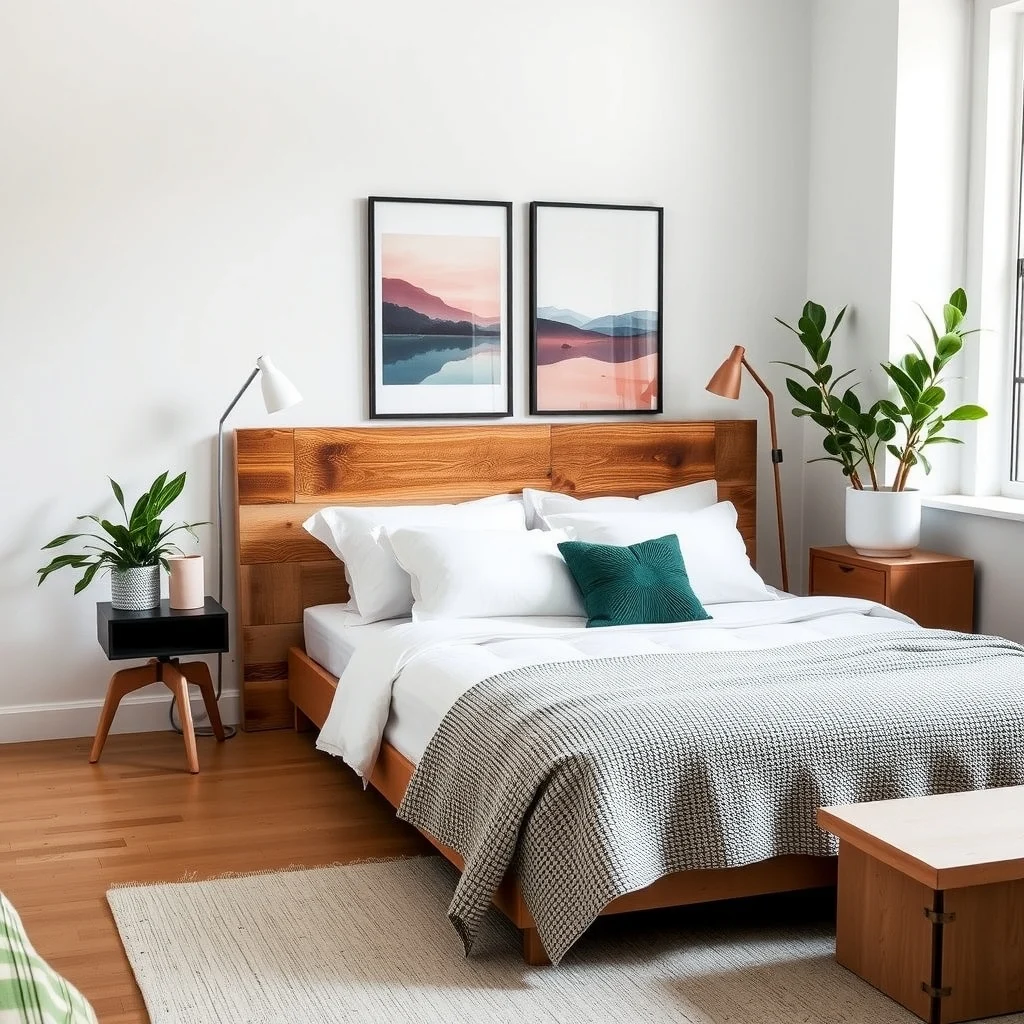 How to Create a Hidden Charging Station in a Small Apartment interior: 6. Build a headboard with integrated USB ports - A custom headboard can incorporate charging ports directly into its design. Select a headboard made from upholstered panels or reclaimed wood, then route a power strip through a channel at the base. By mounting USB