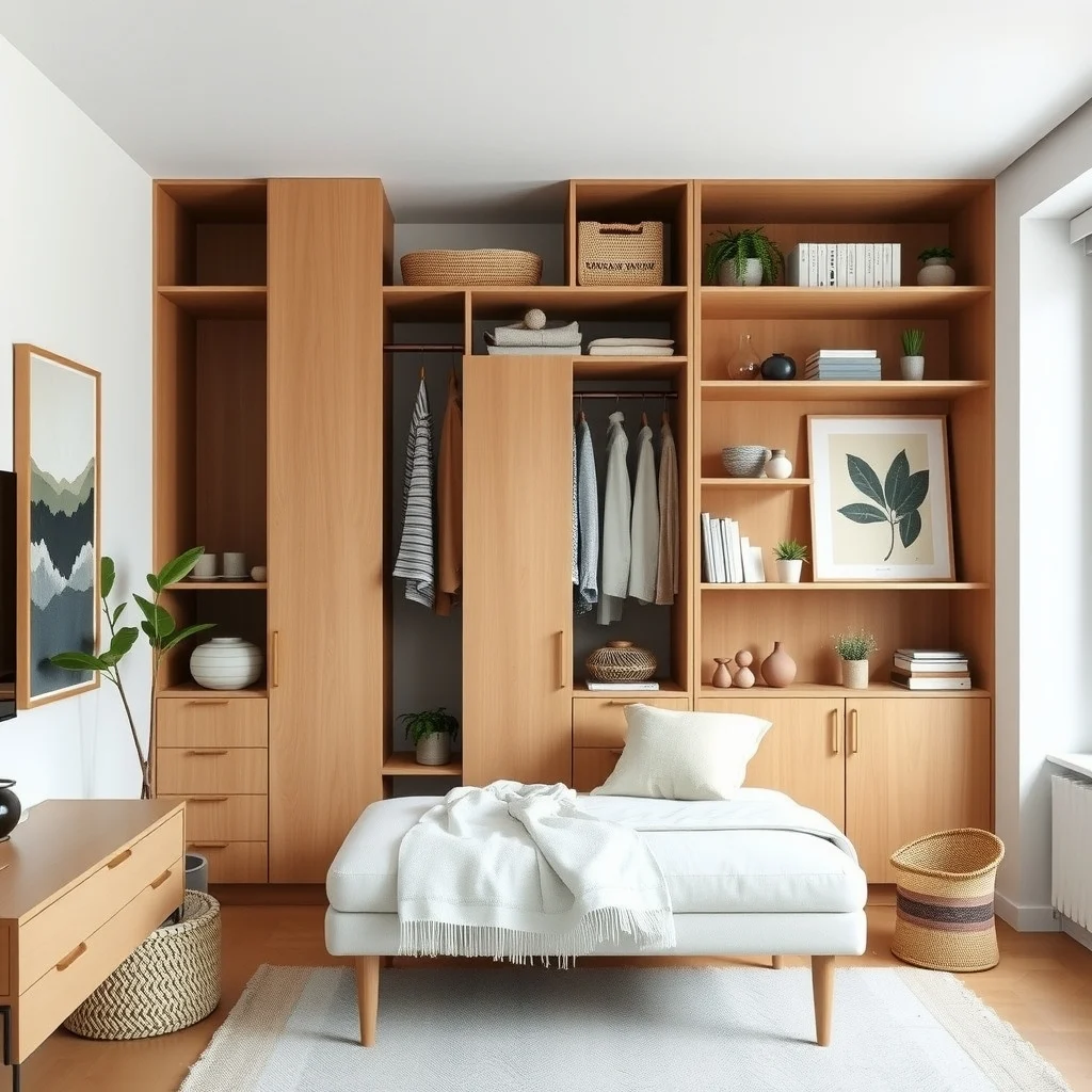 How to Create a Private Dressing Area in a Studio Apartment interior: 3. Select storage pieces that double as partitions - When space is at a premium, furniture must wear multiple hats. A tall wardrobe placed perpendicular to the wall can act as a solid barrier, shielding the dressing area from the living space. Open shelving