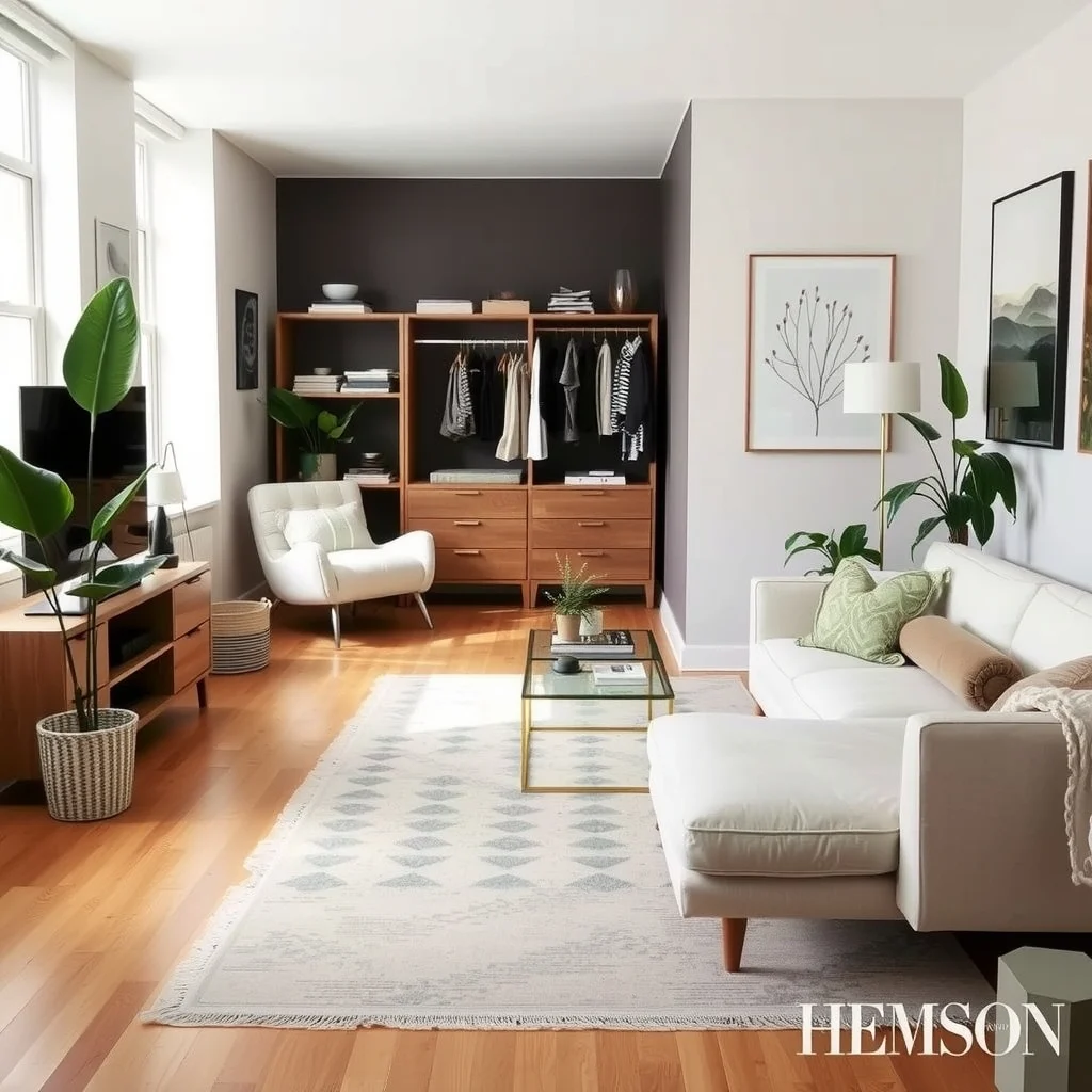 How to Create a Private Dressing Area in a Studio Apartment interior: 4. Use floor treatment to signal a transition - The floor often goes unnoticed, yet a change in texture can cue the brain that you’ve entered a different zone. Lay a low‑pile area rug in a neutral shade such as warm greige beneath the
