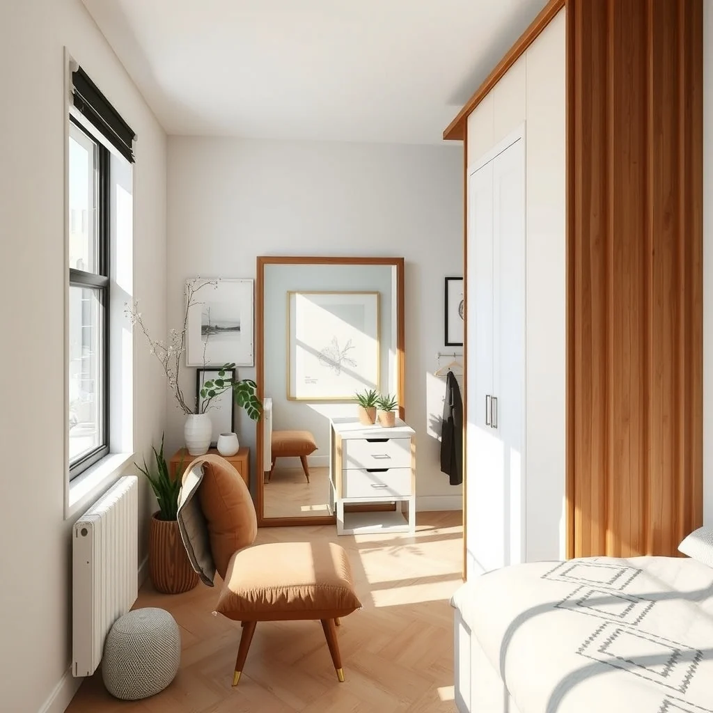 How to Create a Private Dressing Area in a Studio Apartment interior: 5. Position a mirror that expands the room and serves as a focal point - A full‑length mirror placed on the wall opposite the wardrobe reflects both natural and artificial light, making the dressing area feel more spacious. Frameless glass creates a sleek look, while a wooden frame in a