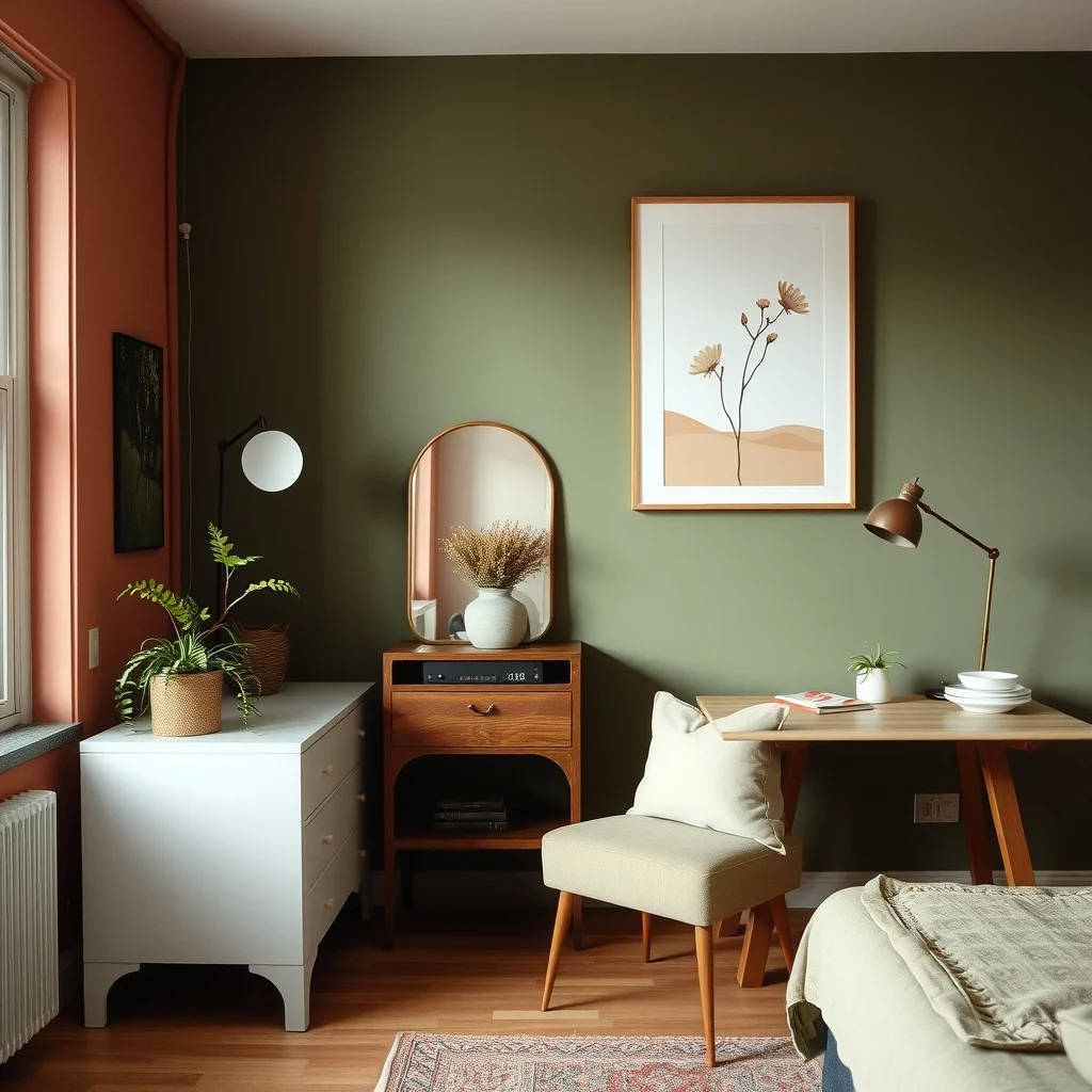 How to Create a Private Dressing Area in a Studio Apartment interior: 7. Keep the colour palette cohesive yet distinct - To maintain flow throughout the studio, base the dressing area on the same colour used elsewhere, such as soft terracotta or muted olive, but introduce a slightly deeper shade on the wall behind the