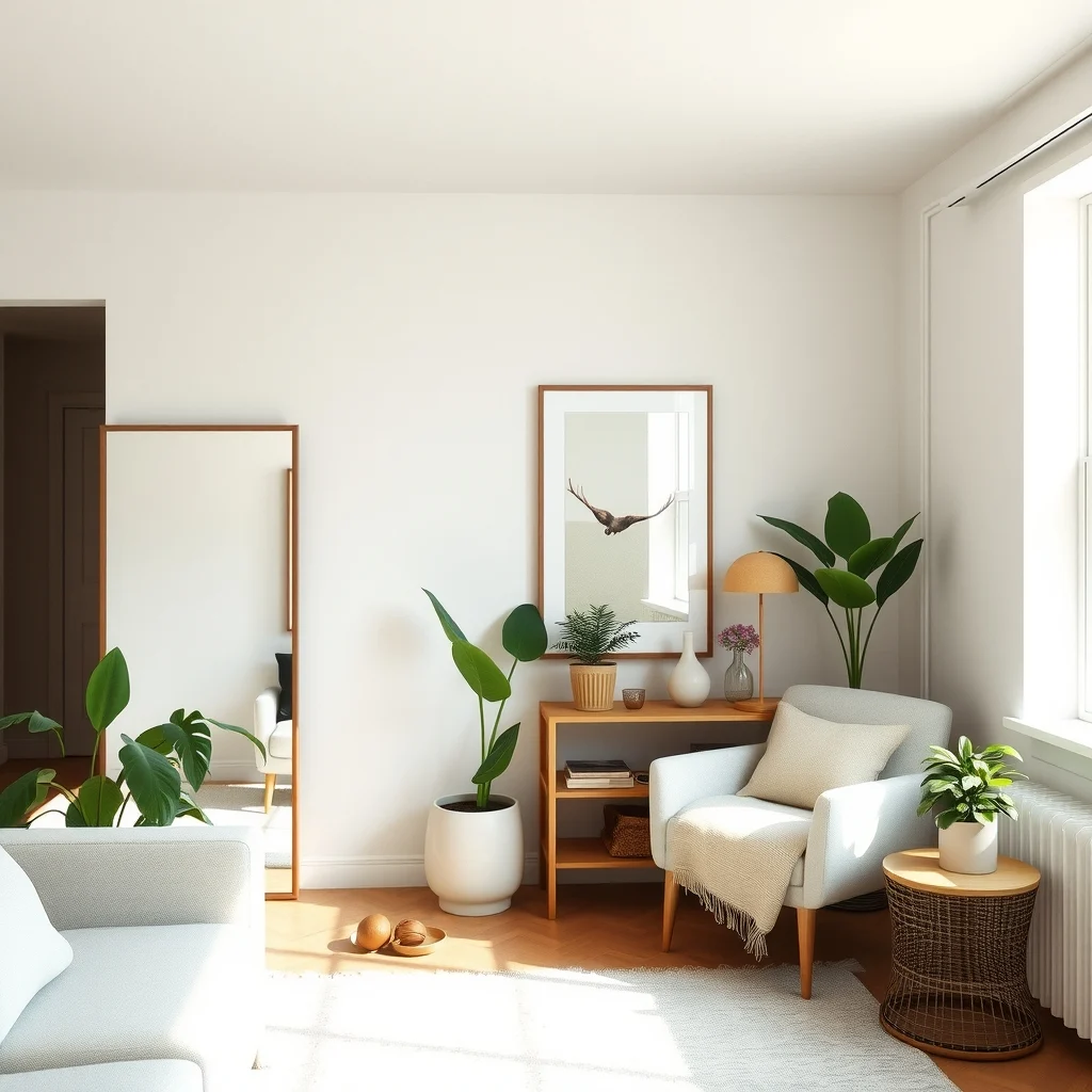 How to Decorate a Small Apartment With an Unusually Low Ceiling interior: 4. Use Reflective Surfaces to Bounce Light Upward - Mirrors and glossy finishes act like visual elevators, sending light toward the ceiling and back into the room. A large, rectangular mirror placed opposite a window reflects daylight, while a smaller decorative mirror above the