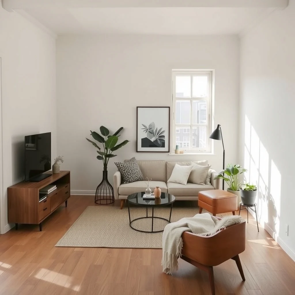 How to Decorate a Small Apartment With an Unusually Low Ceiling interior: 5. Create Defined Zones Without Adding Height - Dividing a compact floor plan into functional areas helps the mind organize the space, which in turn reduces the feeling of confinement. A medium‑sized rug anchored under the seating cluster delineates a living zone, while