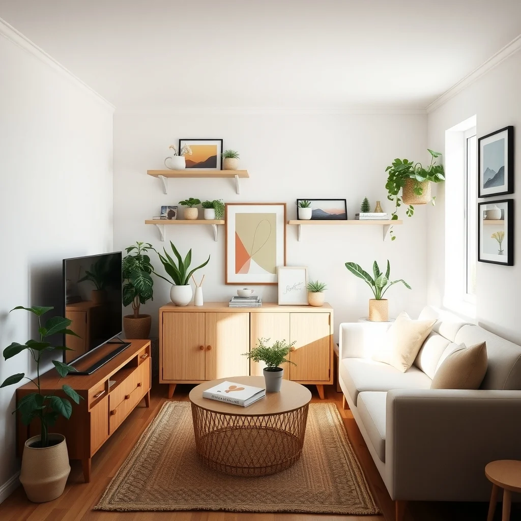 How to Decorate a Small Apartment With an Unusually Low Ceiling interior: 6. Incorporate Smart Storage That Stays Close to the Floor - Keeping storage low preserves headroom while still offering ample organization. A shallow credenza with sliding doors can hold linens, board games, or office supplies without rising above waist height. Floating shelves installed just above the