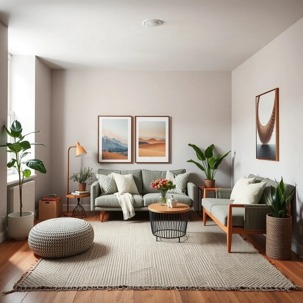 How to Decorate a Small Apartment With an Unusually Low Ceiling interior: 7. Add Texture and Softness at Eye Level for Comfort - Because the ceiling dominates the vertical field, introducing tactile interest at a lower plane draws attention away from it. A chunky woven rug, a linen throw draped over the sofa, or a set of woven