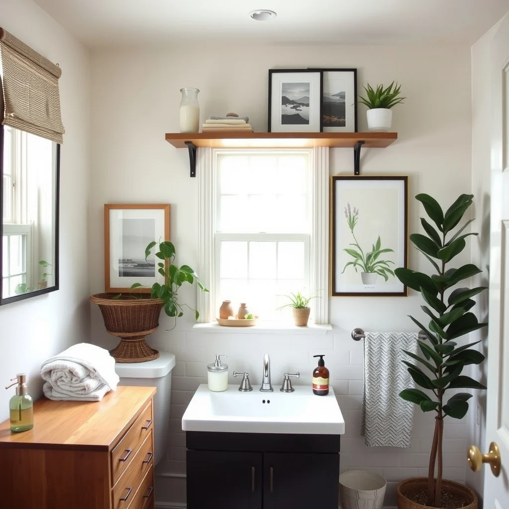 How to Improve a Rental Bathroom Without Changing the Fixtures interior: 5. Add Floating Shelves for Open Storage - Open shelving provides visual breathing room while offering practical storage for toiletries, decorative jars, and rolled towels. A narrow floating shelf installed with removable brackets can sit just above the vanity, keeping essentials within reach