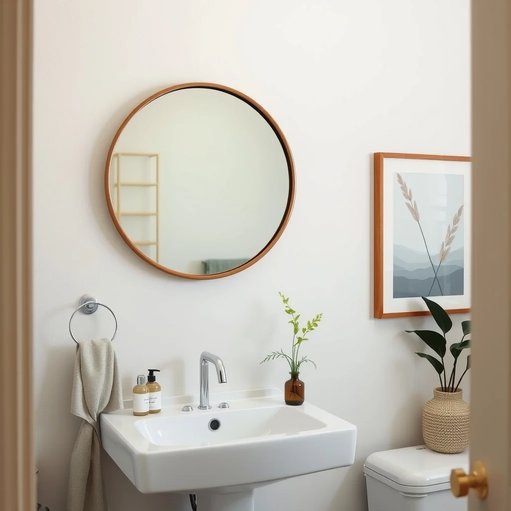How to Improve a Rental Bathroom Without Changing the Fixtures interior: 7. Hang a Decorative Mirror or Framed Artwork - Beyond the functional mirror above the sink, a secondary decorative mirror or a framed print can become a focal point. A round, brushed‑copper mirror placed on an empty wall adds both reflectivity and a sense