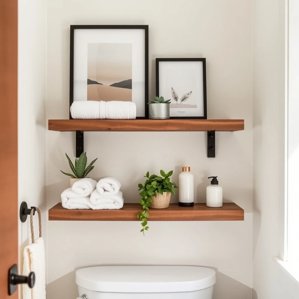 How to Make a Basic Rental Bathroom Feel Like a Boutique Hotel: 5. Incorporate Open Shelving for Curated Storage - Open floating shelves made from reclaimed wood or powder‑coated metal give the bathroom an organized, boutique feel while keeping essential items within easy reach. Arrange a few neatly rolled towels, a small potted succulent,