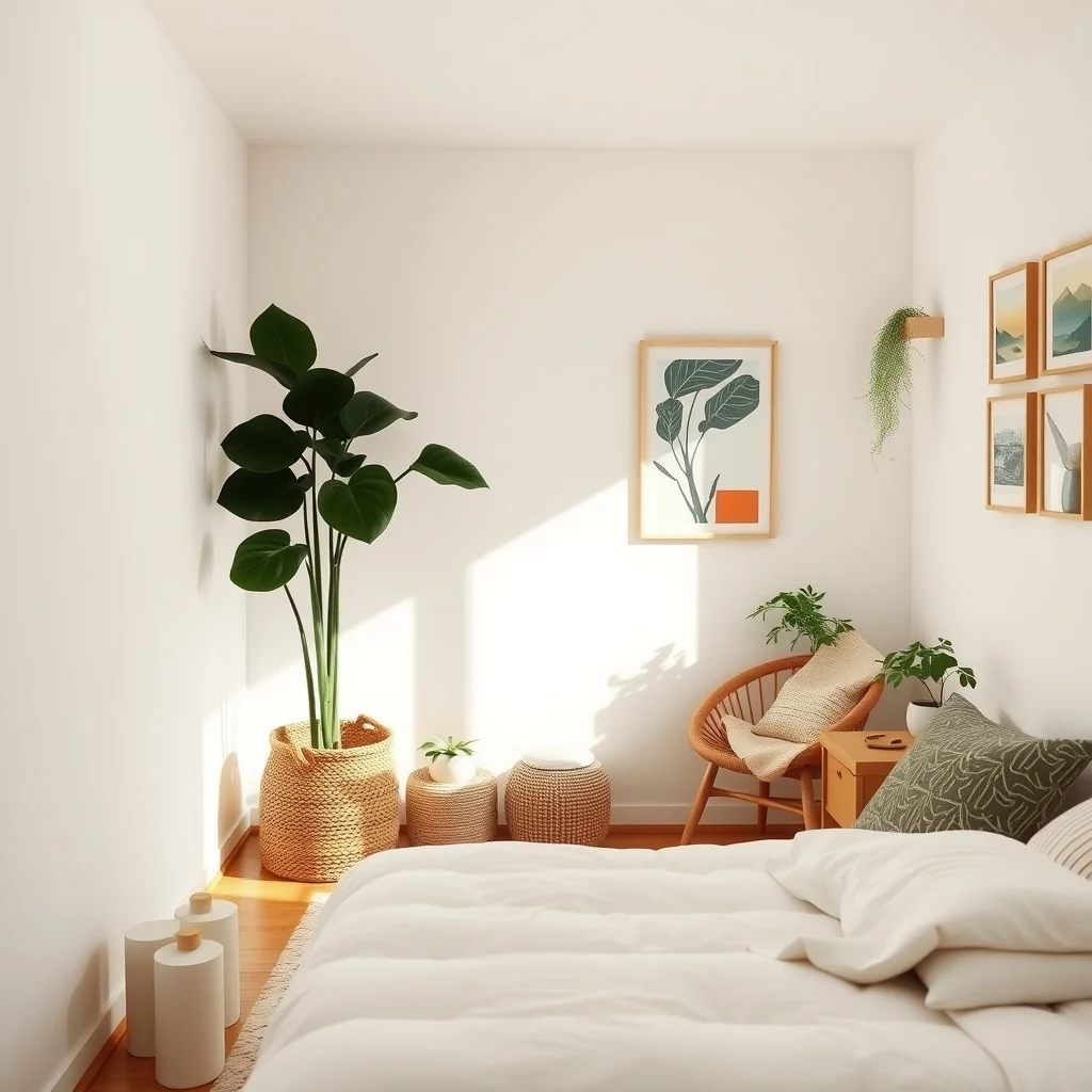 How to Make a Rental Bedroom Feel Custom Without Painting: 6. Add Greenery for Life and Color - Plants bring a sense of calm and a splash of natural hue that no paint can replicate. A tall fiddle‑leaf fig in a woven basket can occupy an empty corner, while a series of small