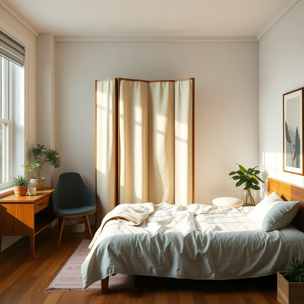 How to Make a Studio Apartment Feel Like Two Separate Rooms interior: 4. Install a Fold‑Away Partition for Flexibility - A folding screen made from reclaimed wood or a fabric panel with a subtle geometric print offers a portable way to close off the sleeping area at night. When the screen is closed, it creates