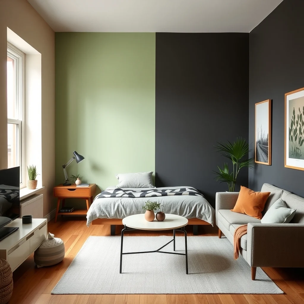 How to Make a Studio Apartment Feel Like Two Separate Rooms interior: 5. Leverage Color Blocking on Walls - Painting or applying removable wallpaper in two complementary hues can delineate zones without permanent alteration. A soft sage green behind the bed creates a calming backdrop, while a muted charcoal accent wall behind the sofa