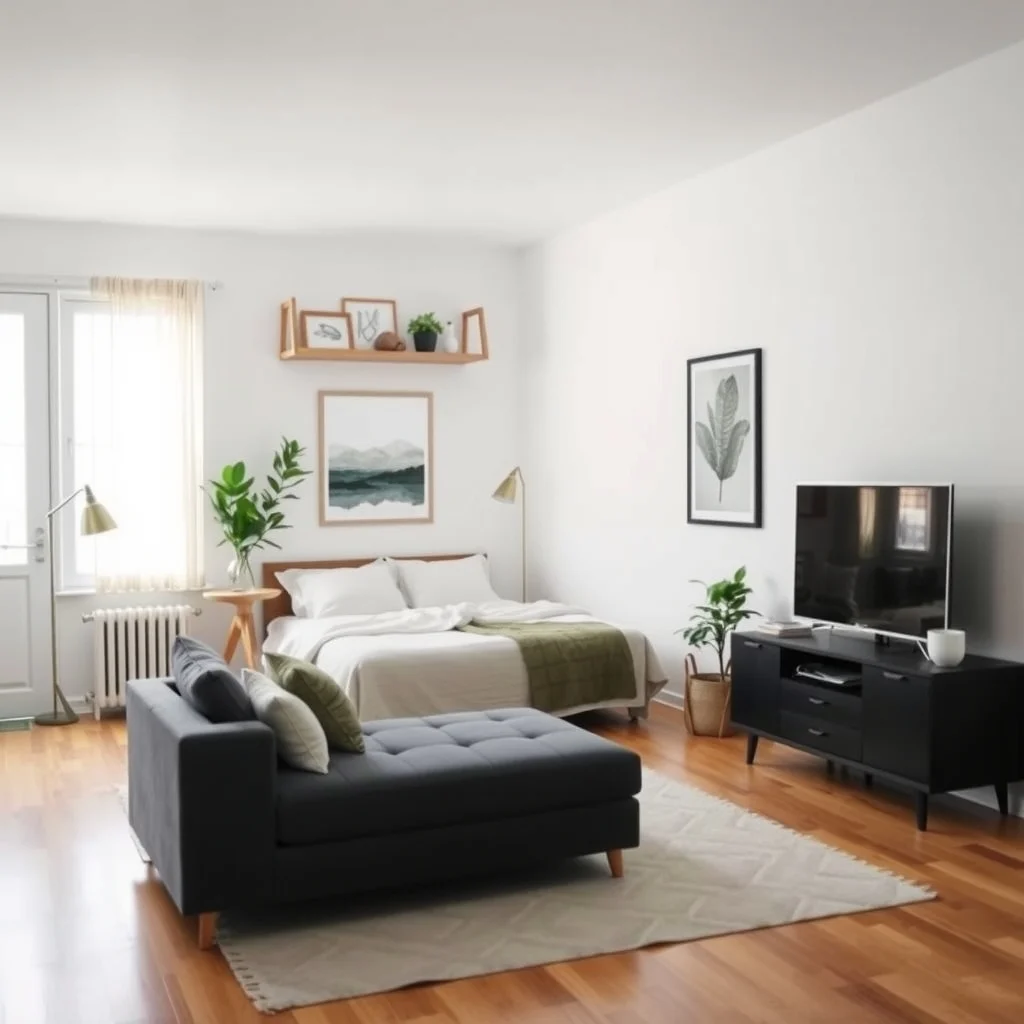 How to Make a Studio Apartment Feel Like Two Separate Rooms interior: 7. Optimize Storage to Keep Zones Uncluttered - Clutter blurs boundaries, so integrating storage that aligns with each zone preserves the sense of separation. Install floating shelves above the bed for night‑stand items, while a low console beneath the TV can hold media