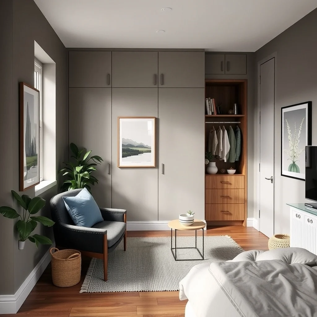 How to Make a Studio Apartment Feel More Like a One-Bedroom Home interior: 5. Incorporate Built‑In Storage to Reduce Clutter - Hidden storage is essential for maintaining the illusion of separate rooms. A built‑in wardrobe that runs along one wall, finished in the same color as the surrounding paint, blends into the background while offering ample